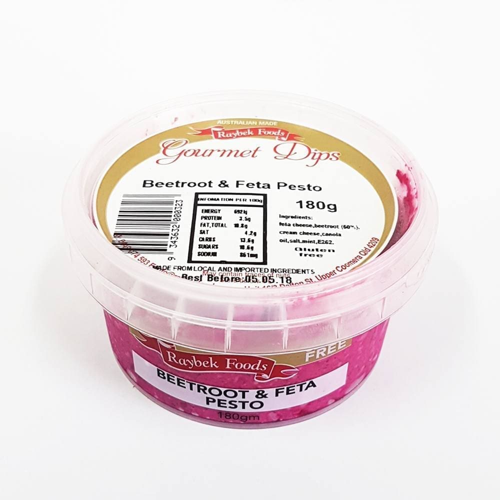 Plastic container of Raybek Foods Beetroot & Feta Pesto dip, 180g, gluten-free, Australian-made.