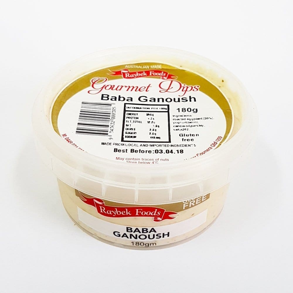 Plastic container of 180g baba ganoush from Raybek Foods, labeled gluten-free, best before 3/4/18.