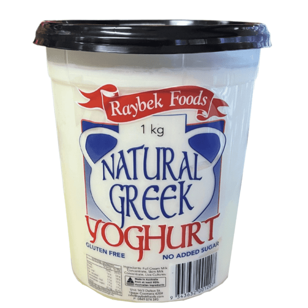 1 kg container of Raybek Foods Natural Greek Yogurt, gluten-free, no added sugar, barcode visible.