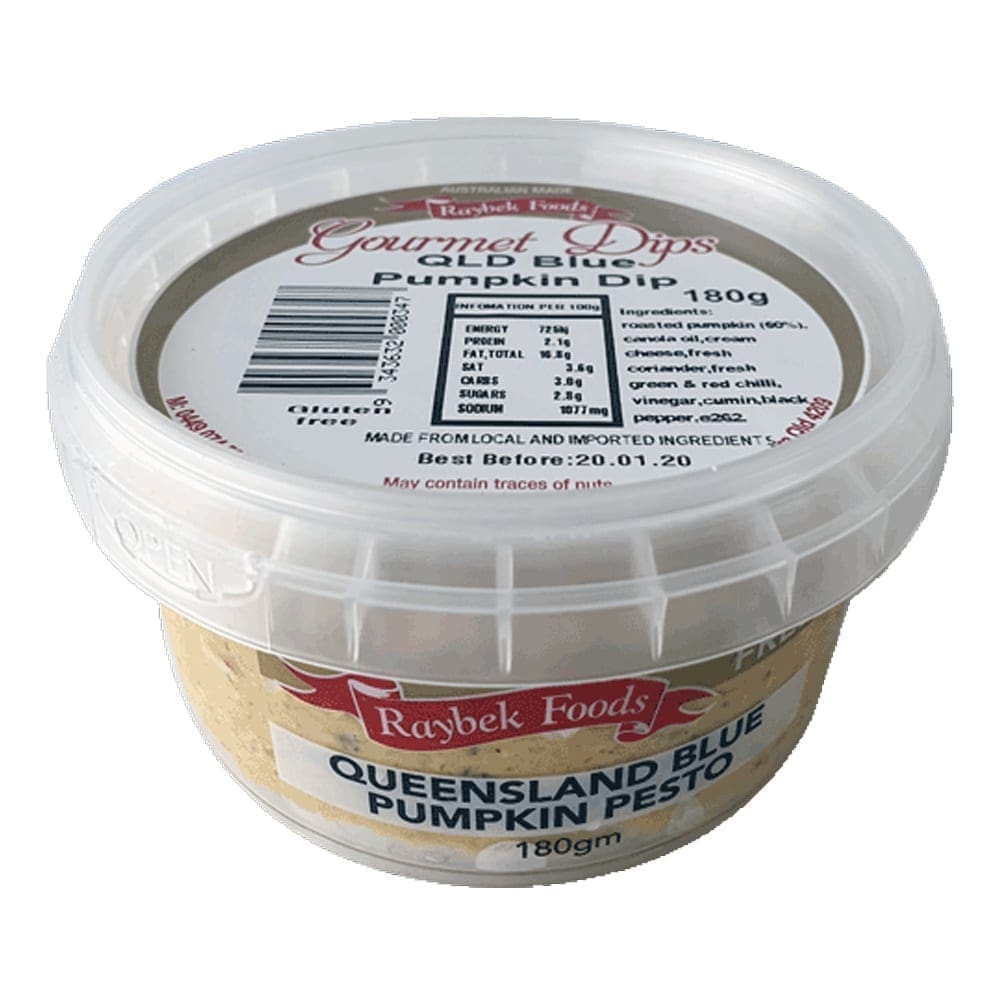 Tub of Raybek Foods Queensland Blue Pumpkin Pesto, 180g, gluten-free, expiring 01/20/2020.