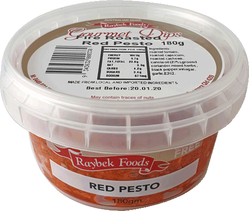 Raybek Foods red pesto container, 180g, labeled "Gourmet Dips," best before 20/01/2020.