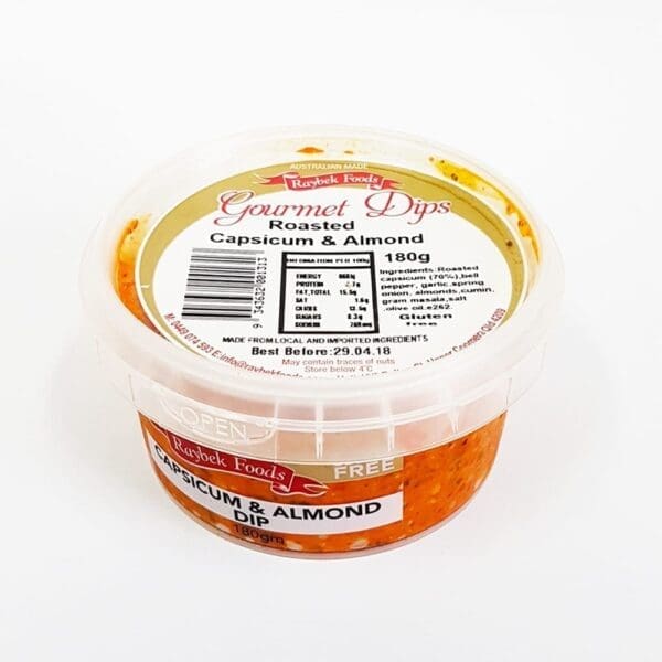 Plastic container of Raybek Foods 180g roasted capsicum and almond dip, gluten-free, Australia.