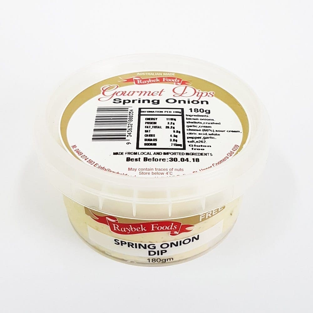 Plastic container of Raybek Foods spring onion dip, 180g, best before 30.04.18, with barcode.