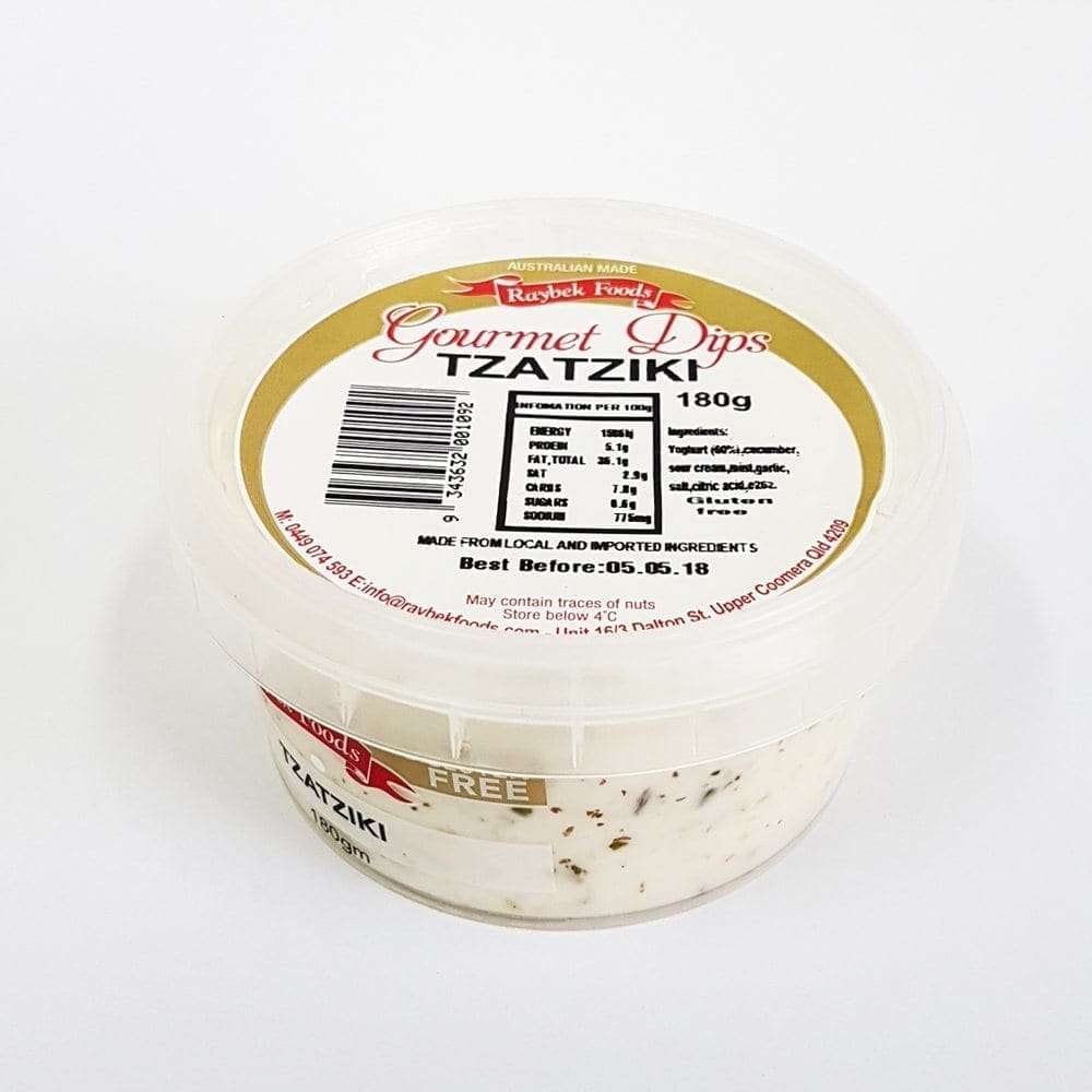 Raybek Foods Tzatziki, 180g container, labeled with nutritional info, best before 05.05.18.
