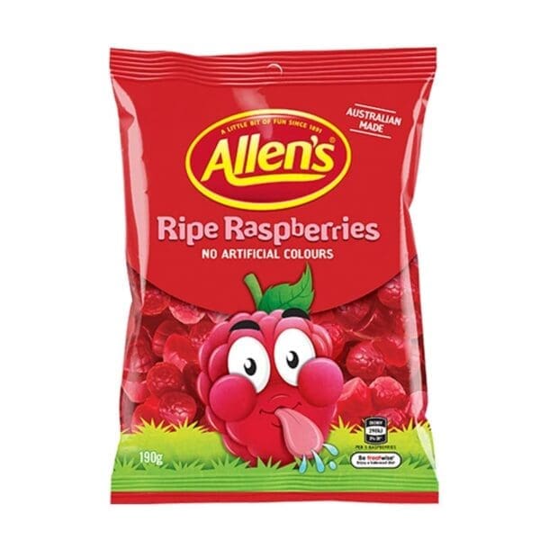 Red Allen's Ripe Raspberries package, 190g, cartoon raspberry, no artificial colors.