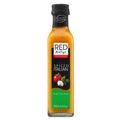 Red Kellys Tasmania 250ml Spiced Italian dressing bottle with tomato and garlic label image.