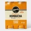 Remedy Organic Kombucha 4-pack, Ginger Lemon, no sugar, 250 ml cans, orange and cream design.