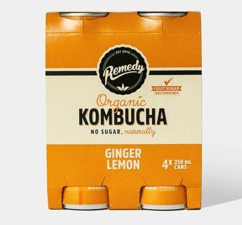 Remedy Organic Kombucha 4-pack, Ginger Lemon, no sugar, 250 ml cans, orange and cream design.