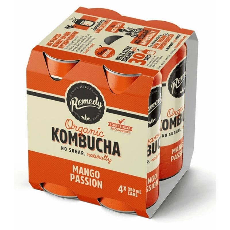 Pack of four 250 ml Remedy Organic Kombucha cans, Mango Passion flavor, no added sugar.