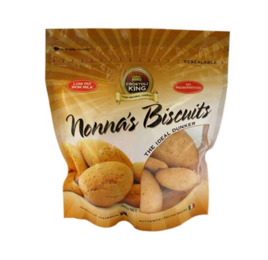 Resealable package of Nonna's Biscuits by Crostoli King, low fat, no preservatives.