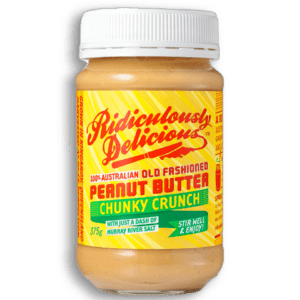 Jar of "Ridiculously Delicious" chunky peanut butter, 375g, with Murray River salt.