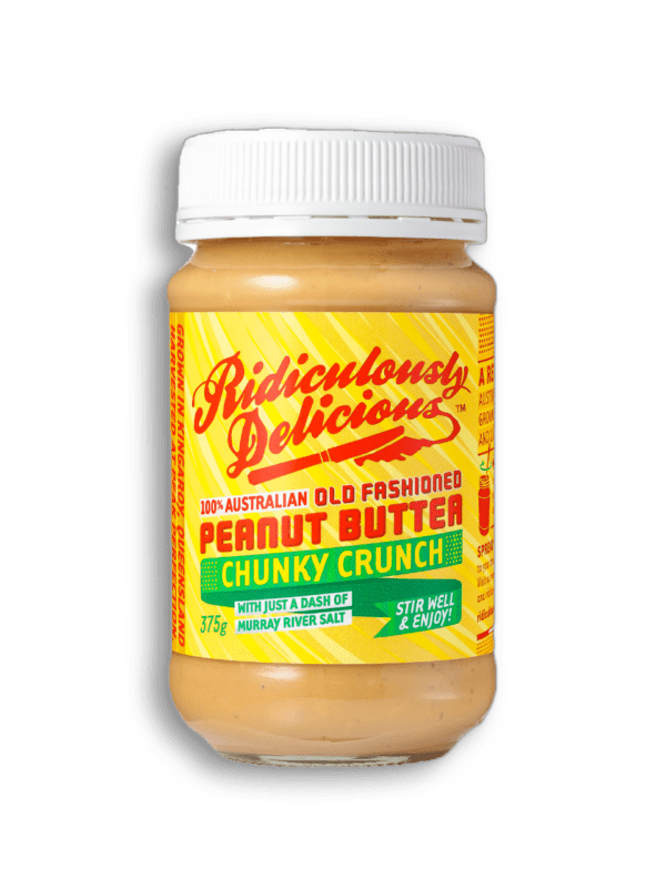 Jar of "Ridiculously Delicious" chunky peanut butter, 375g, with Murray River salt.