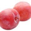 Two ripe, red plums with frosted surfaces side by side on a white background.