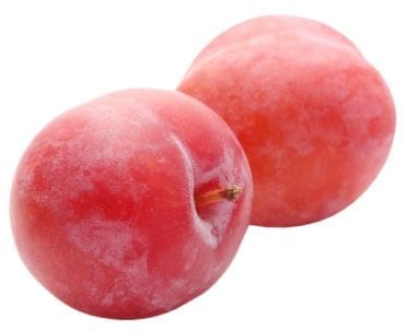Two ripe, red plums with frosted surfaces side by side on a white background.