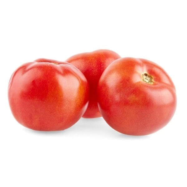 Three ripe red tomatoes with glossy skin on a plain white background.