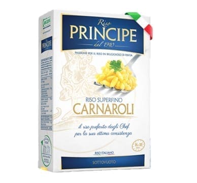 Package of "Riso Principe" Carnaroli rice, white with images of garnished rice, Italian product.