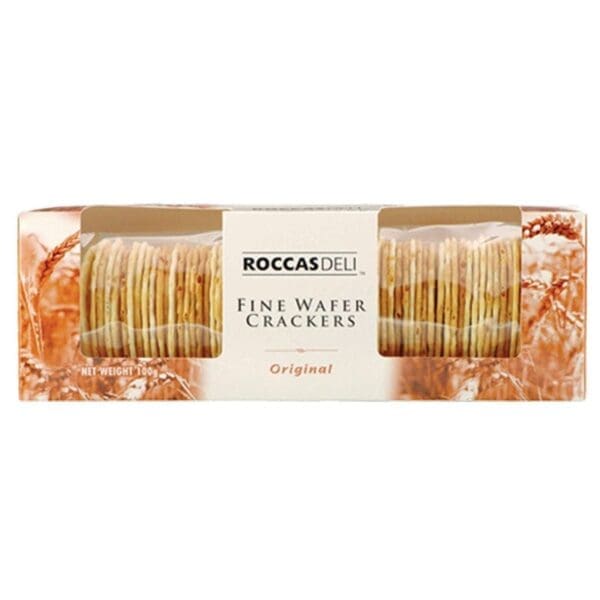 Rectangular pack of Roccas Deli Fine Wafer Crackers, 100g, Original flavor, wheat design.