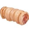 Rolled raw pork with visible fat and meat layers, pale pinkish-brown, tightly wrapped.
