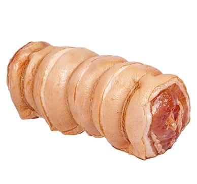 Rolled raw pork with visible fat and meat layers, pale pinkish-brown, tightly wrapped.