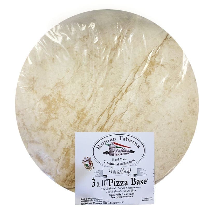 Packaged "Roman Taberna" pizza bases, thin, crispy, handmade, Italian, no preservatives.