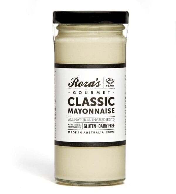 Roza's Gourmet Classic Mayonnaise, gluten & dairy free, made in Australia, 240ml jar.