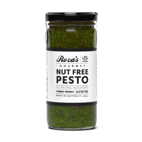 Jar of Roza's Nut Free Pesto, 240ml, FODMAP friendly, gluten free, made in Australia.