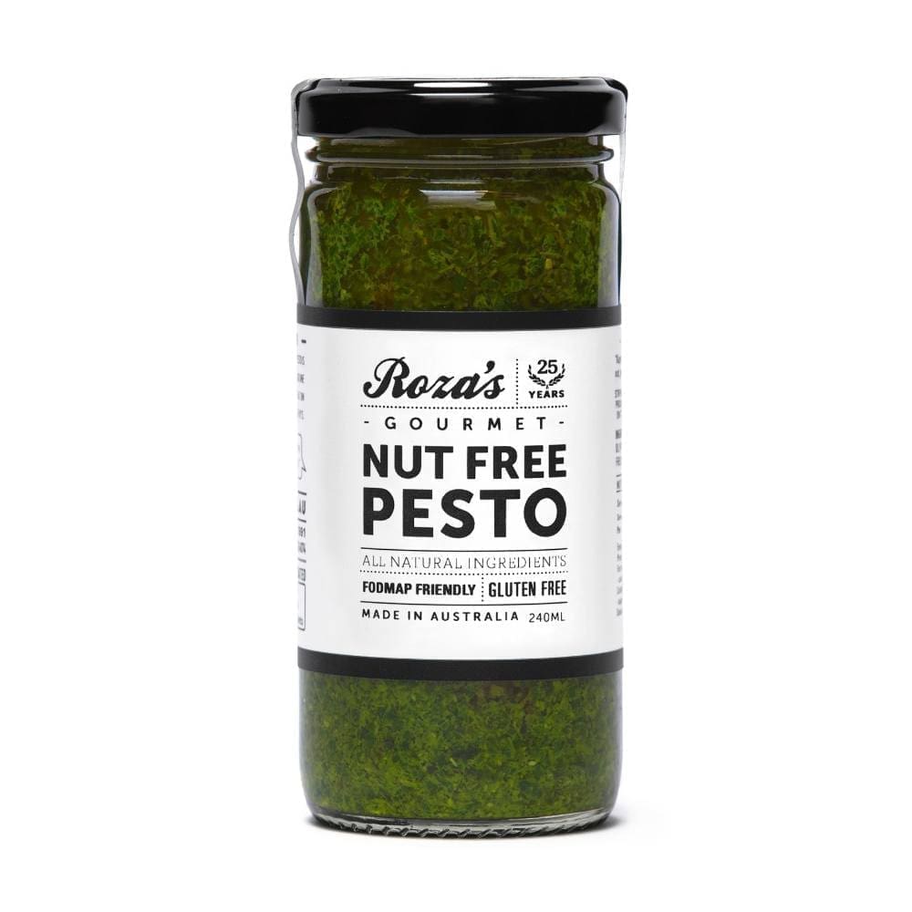 Jar of Roza's Nut Free Pesto, 240ml, FODMAP friendly, gluten free, made in Australia.