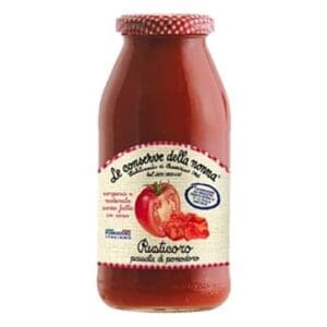 Jar with red cap, labeled "Rustico Passata di Pomodoro" containing tomato puree.