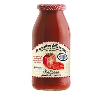 Jar with red cap, labeled "Rustico Passata di Pomodoro" containing tomato puree.