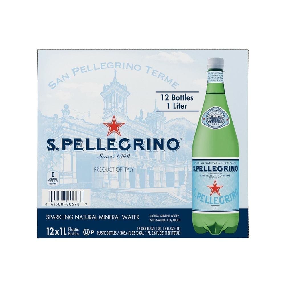 Package of 12 S.Pellegrino 1L bottles; features red star, blue text, Italian architecture.