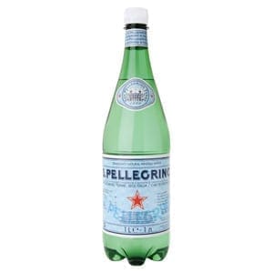 San Pellegrino green glass bottle, blue label, red star, white cap, 1-liter sparkling water.