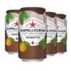 Four cans of Sanpellegrino Chinotto with fruit images and red star logo.