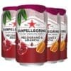 Four Sanpellegrino Melograno & Arancia cans with pomegranate, orange images, red star logo.