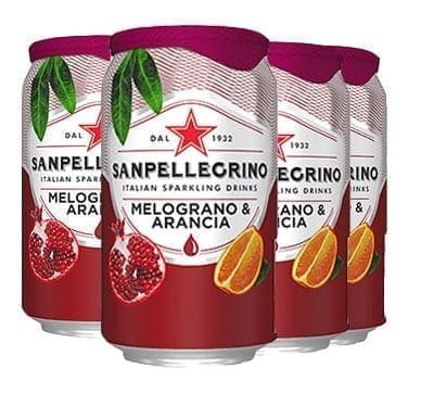 Four Sanpellegrino Melograno & Arancia cans with pomegranate, orange images, red star logo.