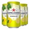 Four yellow cans of Sanpellegrino Pompelmo sparkling drink with grapefruit illustrations.