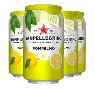 Four yellow cans of Sanpellegrino Pompelmo sparkling drink with grapefruit illustrations.