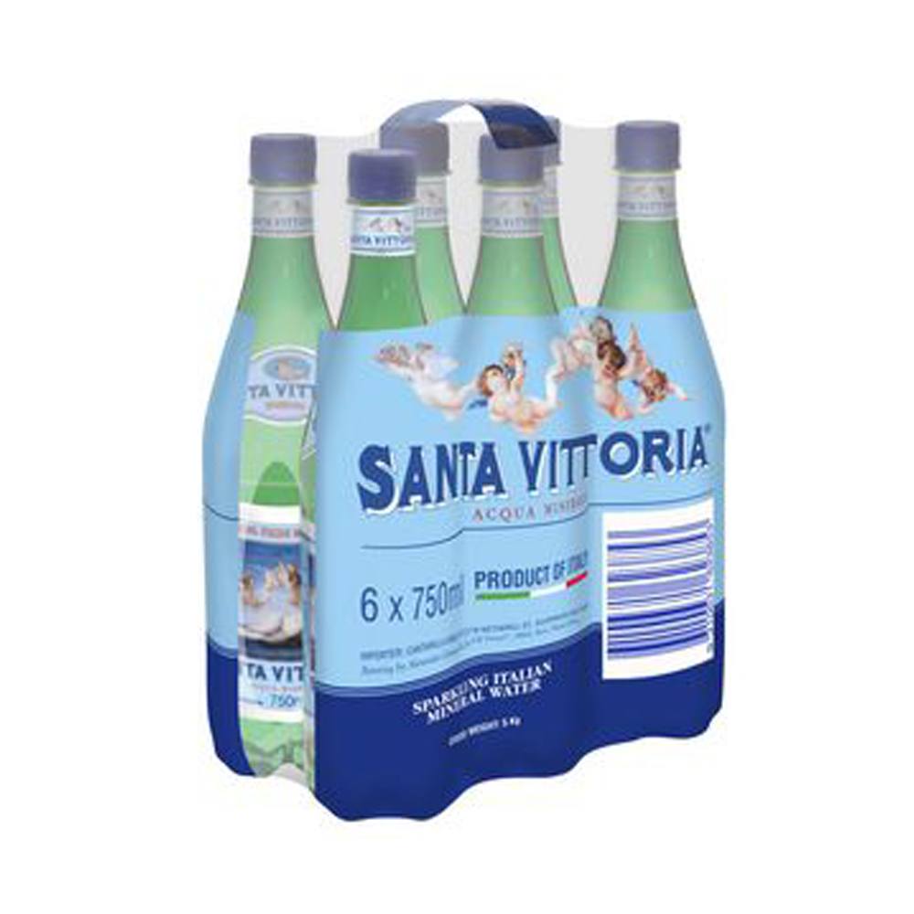 Six-pack of 750ml Santa Vittoria sparkling water in blue-green packaging with cherub images.