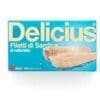 Delicius sardine fillets in blue packaging with white text and sardine image.
