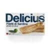 Sardine fillets in olive oil by Delicius, with lemon and olive garnish, natural product label.