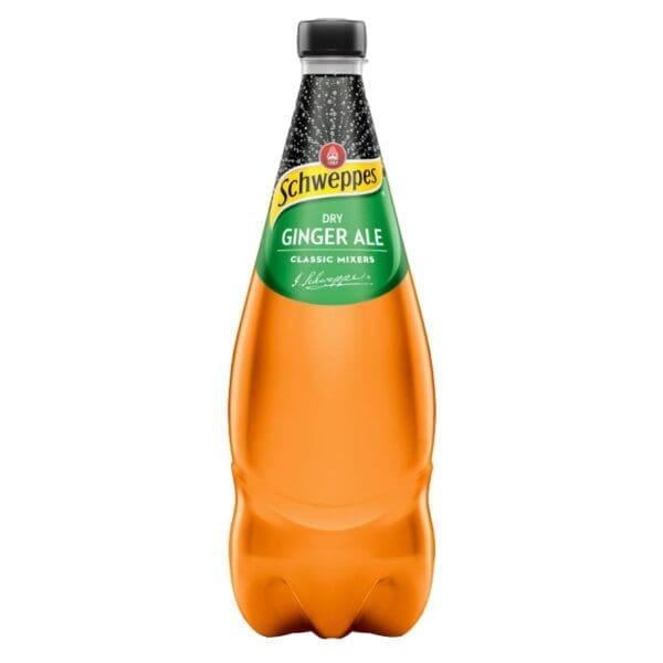 Schweppes Dry Ginger Ale bottle with green label, orange tint, and black cap.