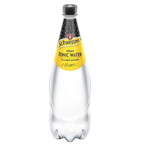 Clear plastic bottle of Schweppes Indian Tonic Water with yellow label and black cap.