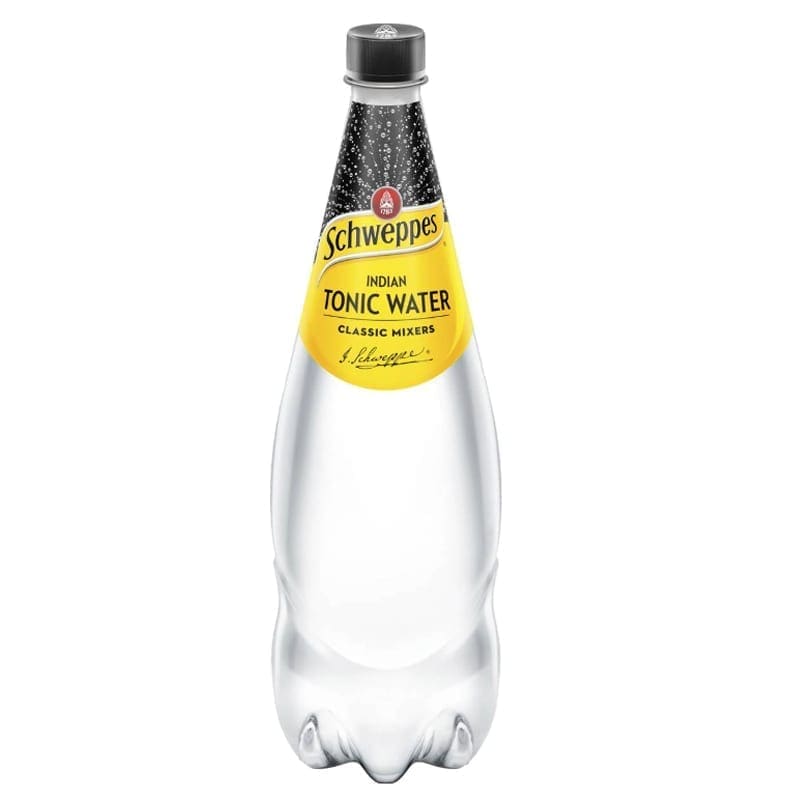 Clear plastic bottle of Schweppes Indian Tonic Water with yellow label and black cap.