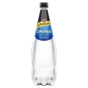 Schweppes Lemonade in a clear plastic bottle with a blue label and black cap.