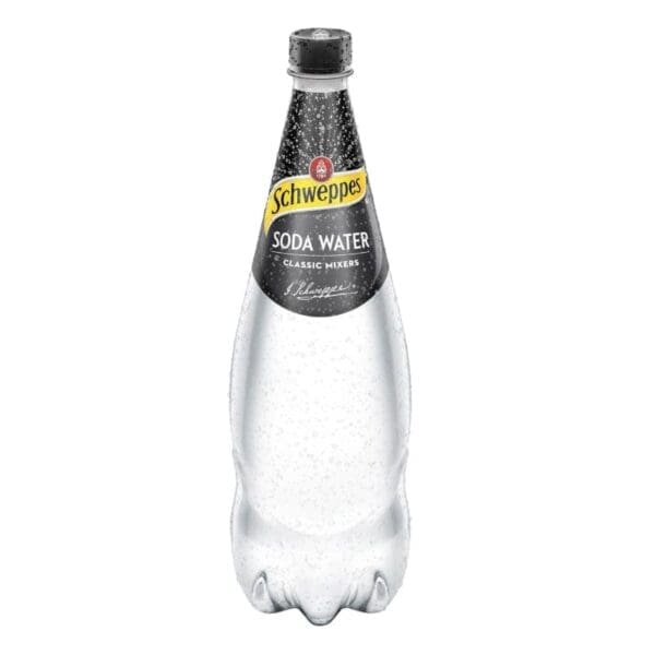 Schweppes soda water bottle with black and yellow label, filled with carbonated water.