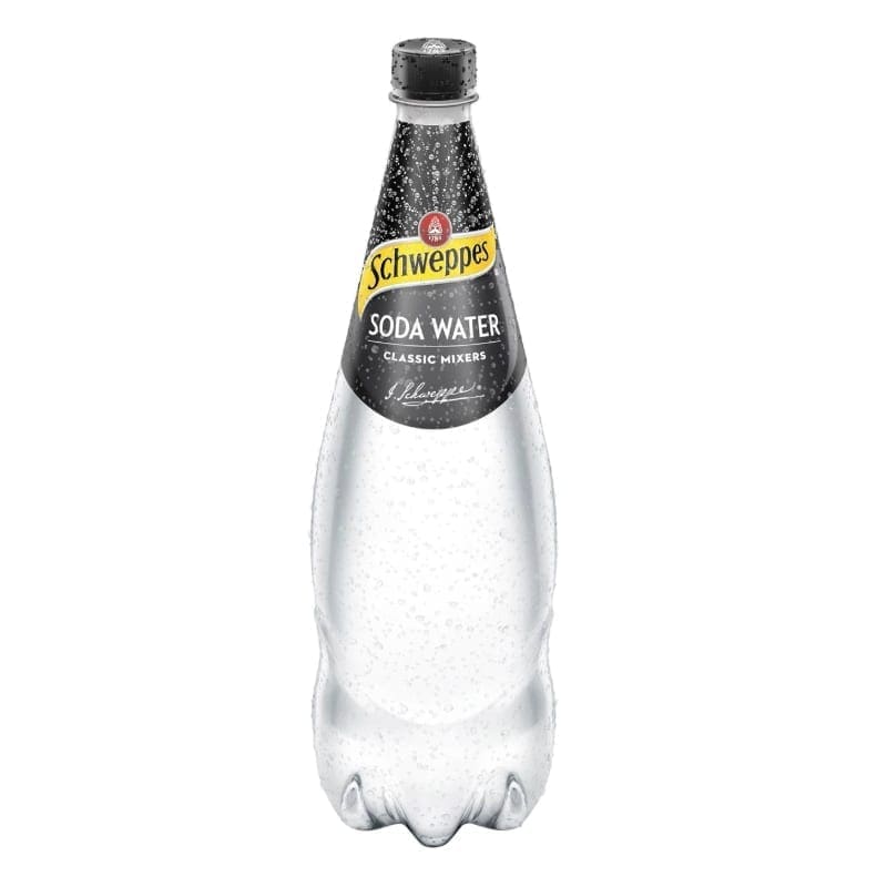 Schweppes soda water bottle with black and yellow label, filled with carbonated water.