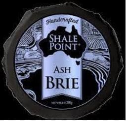 Cheese label for Shale Point Ash Brie, handcrafted with 200g net weight and map design.