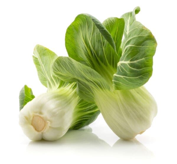 Two fresh bok choy with green leaves and white stalks on a white surface.