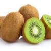 Whole and sliced kiwifruits showing fuzzy skin and green flesh with seeds.