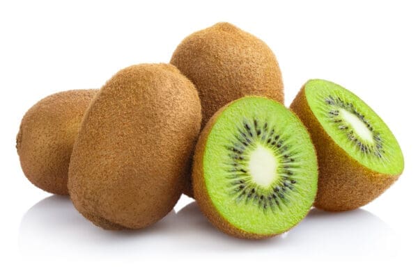 Whole and sliced kiwifruits showing fuzzy skin and green flesh with seeds.