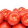 Ripe red tomatoes piled on a plain white background.